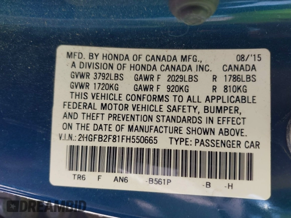 2015 Honda Civic EX with VIN 2HGFB2F81FH550665, listed as a IAAI auction lot 42017363 with 180,098 mi miles and . Bid and sale history available at carsss.com. Image 9.