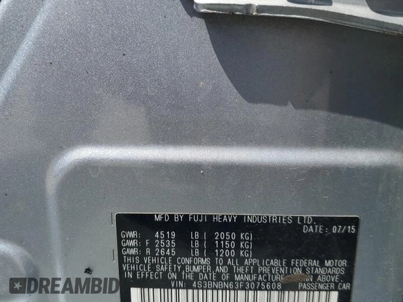2015 Subaru Legacy Limited with VIN 4S3BNBN63F3075608, listed as a Copart auction lot 53817005 with Not provided miles and Salvage title. Bid and sale history available at DreamBid. Image 12.