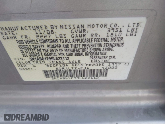 2009 Nissan Sentra FE+ with VIN 3N1AB61E99L622112, listed as a IAAI auction lot 41607147 with 77,684 mi miles and . Bid and sale history available at DreamBid. Image 9.