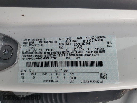 2021 Ford Escape SE с VIN 1FMCU9G63MUB16206, выставлен на аукционе Copart как лот 64048685 с пробегом 16 988 миль миль и Списание • Salvage title. История ставок и продаж доступна на DreamBid. Изображение 13.