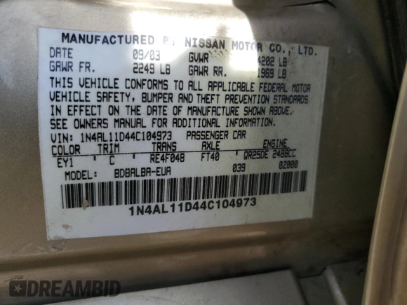 2004 Nissan Altima S with VIN 1N4AL11D44C104973, listed as a Copart auction lot 51454625 with 0 mi miles and Salvage Title. Bid and sale history available at carsss.com. Image 13.