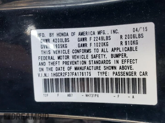 2015 Honda Accord LX with VIN 1HGCR2F37FA176175, listed as a Copart auction lot 89144965 with 208,558 mi miles and Salvage Title. Bid and sale history available at carsss.com. Image 12.