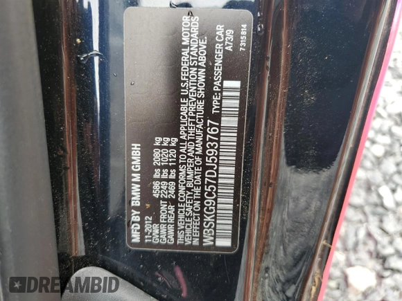 2013 BMW M3 z VIN WBSKG9C57DJ593767, wystawiony jako Copart lot #54728954 z przebiegiem 100 526 mil mil oraz Szkoda całkowita • Salvage title. Historia ofert i sprzedaży dostępna na DreamBid. Obrazek 13.