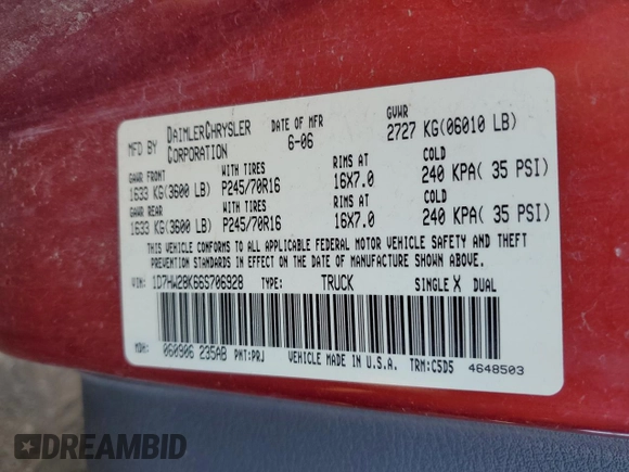 2006 Dodge Dakota ST with VIN 1D7HW28K66S706928, listed as a Copart auction lot 81569314 with 161,319 mi miles and Salvage Title. Bid and sale history available at DreamBid. Image 14.