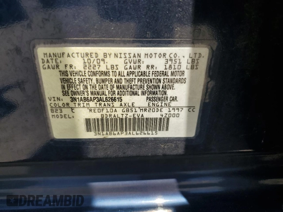 2010 Nissan Sentra S with VIN 3N1AB6AP3AL626615, listed as a Copart auction lot 63613505 with 136,252 mi miles and Salvage title. Bid and sale history available at DreamBid. Image 12.