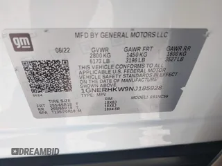 2022 Chevrolet Traverse LT Leather with VIN 1GNERHKW9NJ185928, listed as a IAAI auction lot 41287567 with 97,223 mi miles. Bid and sale history available at carsss.com. Image 9.