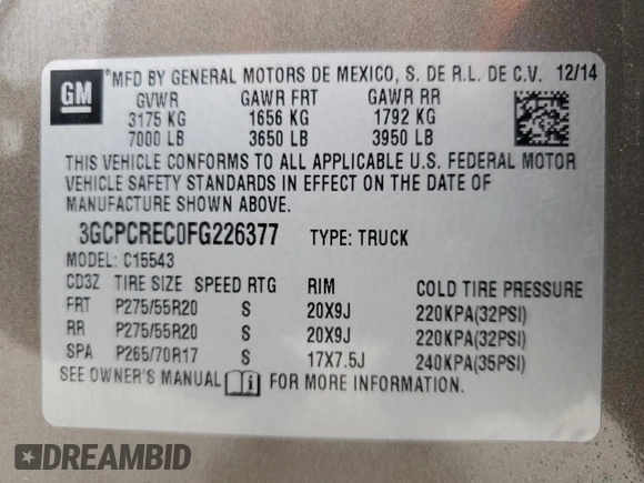 2015 Chevrolet Silverado 1500 LT with VIN 3GCPCREC0FG226377, listed as a Copart auction lot 55690185 with 116,141 mi miles and Salvage Title. Bid and sale history available at DreamBid. Image 14.