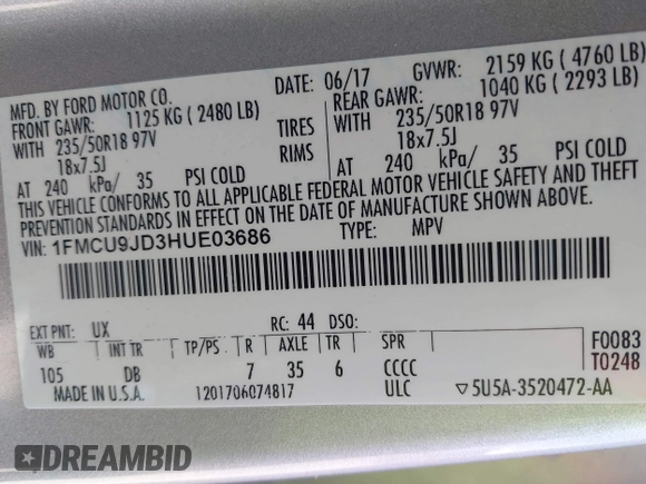 2017 Ford Escape Titanium with VIN 1FMCU9JD3HUE03686, listed as a IAAI auction lot 42016950 with 82,299 mi miles. Bid and sale history available at carsss.com. Image 9.