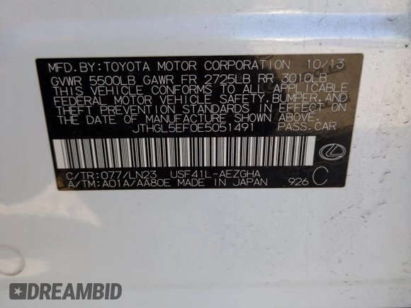 2014 Lexus LS 460 L with VIN JTHGL5EF0E5051491, listed as a Copart auction lot 52996835 with 114,834 mi miles and Clean title. Bid and sale history available at DreamBid. Image 12.