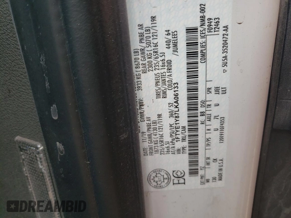 2020 Ford Transit Cargo with VIN 1FTYE1Y87LKA06133, listed as a Copart auction lot 70294424 with 81,602 mi miles and Salvage Title. Bid and sale history available at DreamBid. Image 14.