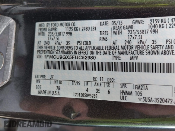 2015 Ford Escape SE with VIN 1FMCU9GX5FUC52980, listed as a IAAI auction lot 42106795 with Not Provided miles and . Bid and sale history available at DreamBid. Image 9.