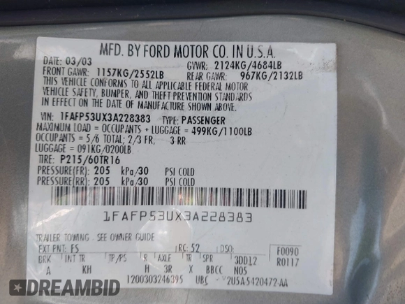 2003 Ford Taurus SE Standard z VIN 1FAFP53UX3A228383, wystawiony jako IAAI lot #42700752 z przebiegiem 182 598 mil mil oraz . Historia ofert i sprzedaży dostępna na DreamBid. Obrazek 9.