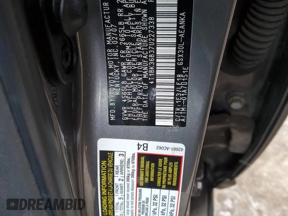 2007 Toyota Avalon XL with VIN 4T1BK36B37U227338, listed as a Copart auction lot 49511365 with 179,510 mi miles and Non Repairable. Bid and sale history available at DreamBid. Image 12.