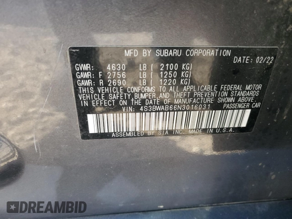2022 Subaru Legacy with VIN 4S3BWAB66N3016031, listed as a Copart auction lot 76459544 with 53,725 mi miles and Salvage title. Bid and sale history available at DreamBid. Image 13.