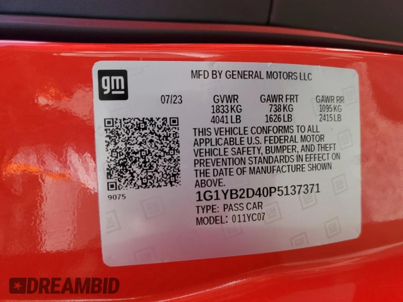 2023 Chevrolet Corvette 2LT с VIN 1G1YB2D40P5137371, выставлен на аукционе Copart как лот 60843185 с пробегом 12 125 миль миль и Чистый • Clean title. История ставок и продаж доступна на DreamBid. Изображение 13.