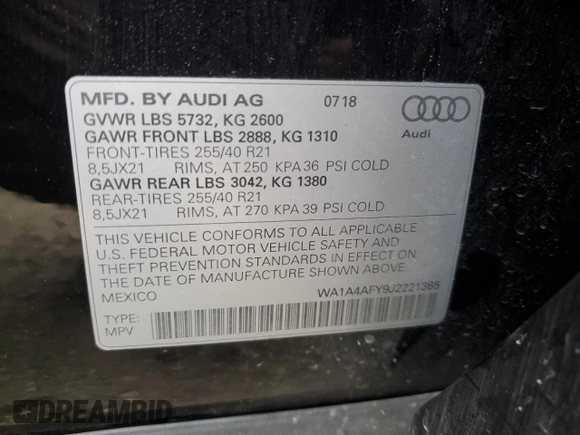 2018 Audi SQ5 Premium Plus with VIN WA1A4AFY9J2221365, listed as a Copart auction lot 48066074 with 54,395 mi miles and . Bid and sale history available at DreamBid. Image 12.
