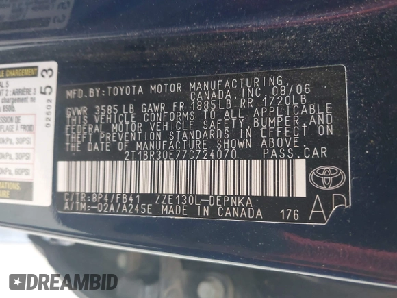 2007 Toyota Corolla CE with VIN 2T1BR30E77C724070, listed as a IAAI auction lot 42142371 with 156,693 mi miles and . Bid and sale history available at DreamBid. Image 9.