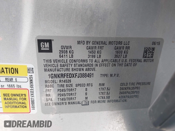 2015 Chevrolet Traverse LS with VIN 1GNKRFEDXFJ388491, listed as a IAAI auction lot 41700140 with 156,233 mi miles and . Bid and sale history available at DreamBid. Image 9.