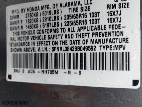 2008 Honda Odyssey EX with VIN 5FNRL38428B049592, listed as a IAAI auction lot 41863207 with 1 mi miles. Bid and sale history available at carsss.com. Image 9.