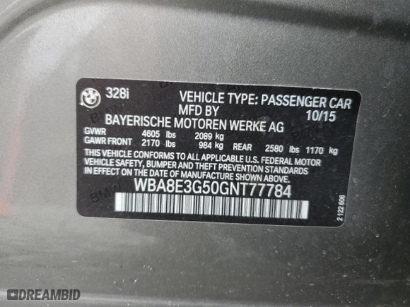 2016 BMW 3 Series 328i xDrive with VIN WBA8E3G50GNT77784, listed as a Copart auction lot 44103525 with 75,319 mi miles and Salvage Title. Bid and sale history available at carsss.com. Image 12.