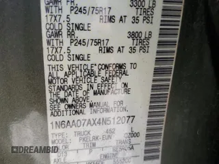 2004 Nissan Titan LE with VIN 1N6AA07AX4N512077, listed as a Copart auction lot 46105645 with 175,412 mi miles and Salvage Title. Bid and sale history available at DreamBid. Image 12.