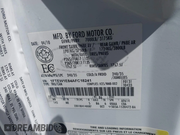 2010 Ford F-150 XL z VIN 1FTEW1E84AFC18241, wystawiony jako IAAI lot #42350458 z przebiegiem 131 581 mil mil oraz . Historia ofert i sprzedaży dostępna na DreamBid. Obrazek 9.