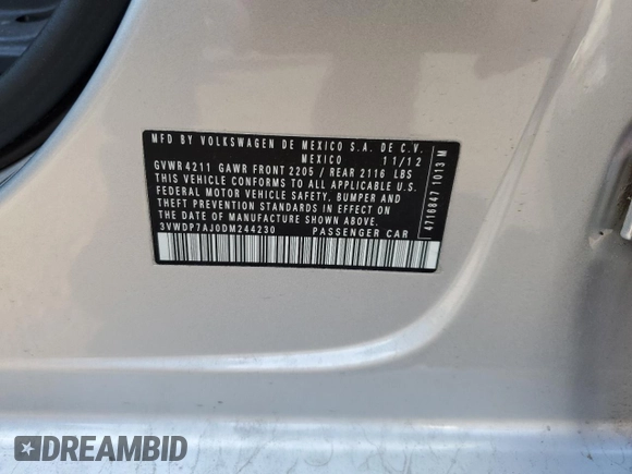2013 Volkswagen Jetta SE with VIN 3VWDP7AJ0DM244230, listed as a Copart auction lot 61310145 with 115,360 mi miles and Salvage title. Bid and sale history available at DreamBid. Image 12.