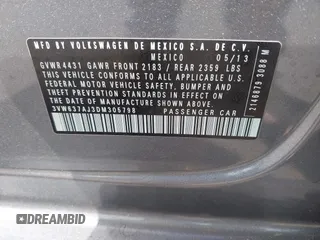 2013 Volkswagen Jetta Hybrid SE with VIN 3VW637AJ3DM305798, listed as a IAAI auction lot 42736297 with 156,972 mi miles and . Bid and sale history available at DreamBid. Image 9.