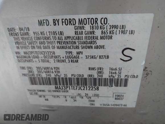 2018 Ford EcoSport SE with VIN MAJ3P1TE7JC212258, listed as a IAAI auction lot 41611493 with 40,480 mi miles and . Bid and sale history available at DreamBid. Image 9.