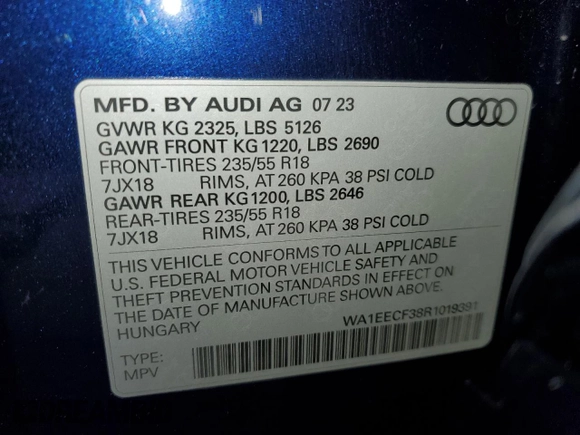 2024 Audi Q3 S line Premium Plus z VIN WA1EECF38R1019391, wystawiony jako Copart lot #47124395 z przebiegiem 9 509 mil mil oraz Szkoda całkowita • Salvage title. Historia ofert i sprzedaży dostępna na DreamBid. Obrazek 14.