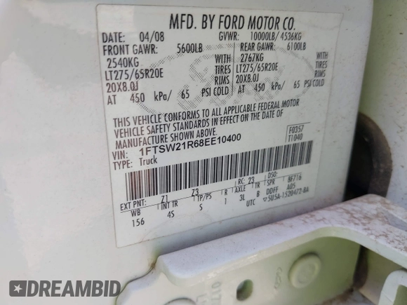 2008 Ford F-250 XL with VIN 1FTSW21R68EE10400, listed as a IAAI auction lot 40030423 with 160,032 mi miles. Bid and sale history available at carsss.com. Image 9.