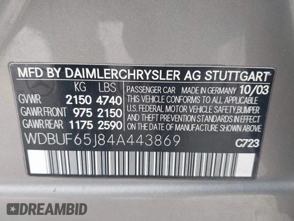 2004 Mercedes-Benz E 320 with VIN WDBUF65J84A443869, listed as a IAAI auction lot 41994376 with 182,961 mi miles and . Bid and sale history available at carsss.com. Image 9.