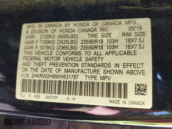 2019 Honda CR-V Touring with VIN 2HKRW2H95KH631787, listed as a IAAI auction lot 41844394 with 262,398 mi miles. Bid and sale history available at carsss.com. Image 9.