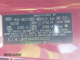 2019 Kia Forte S with VIN 3KPF34AD8KE042257, listed as a IAAI auction lot 42071529 with 81,612 mi miles. Bid and sale history available at carsss.com. Image 9.