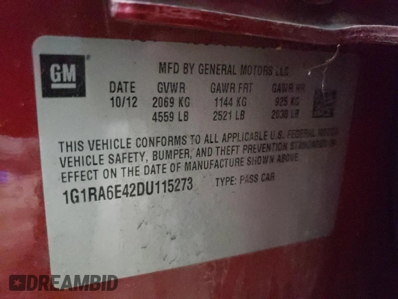 2013 Chevrolet Volt with VIN 1G1RA6E42DU115273, listed as a Copart auction lot 54125015 with 214,947 mi miles and Clean Title. Bid and sale history available at carsss.com. Image 12.