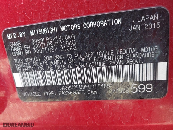 2015 Mitsubishi Lancer ES with VIN JA32U2FU9FU015485, listed as a IAAI auction lot 42015241 with 75,545 mi miles. Bid and sale history available at carsss.com. Image 9.