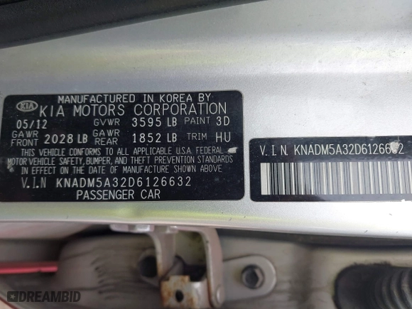 2013 Kia Rio LX with VIN KNADM5A32D6126632, listed as a IAAI auction lot 42014867 with 156,098 mi miles. Bid and sale history available at carsss.com. Image 9.