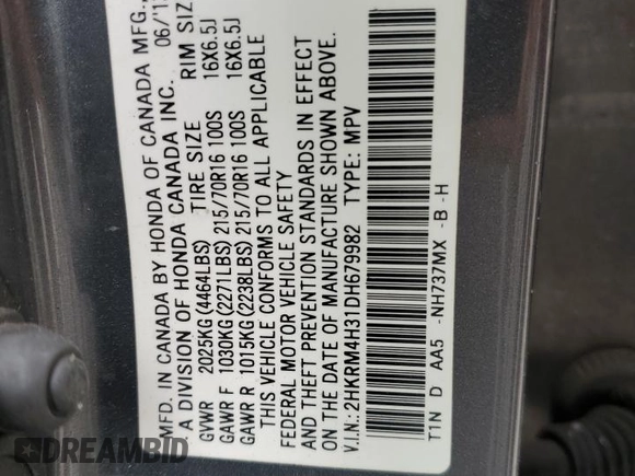 2013 Honda CR-V LX with VIN 2HKRM4H31DH679982, listed as a Copart auction lot 50216825 with 286,289 mi miles and Clean Title. Bid and sale history available at DreamBid. Image 13.
