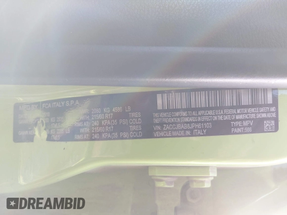2018 Jeep Renegade Sport with VIN ZACCJBAB8JPH61103, listed as a IAAI auction lot 41366723 with Not provided miles and . Bid and sale history available at DreamBid. Image 9.