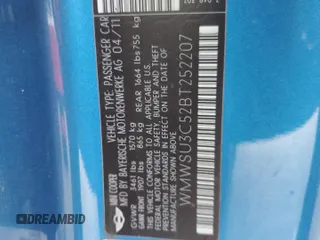 2011 MINI Hardtop with VIN WMWSU3C52BT252207, listed as a Copart auction lot 62735905 with 121,121 mi miles and Salvage title. Bid and sale history available at DreamBid. Image 12.