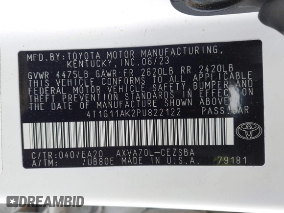 2023 Toyota Camry SE with VIN 4T1G11AK2PU822122, listed as a IAAI auction lot 41880757 with 56,106 mi miles and . Bid and sale history available at DreamBid. Image 9.