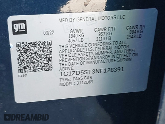 2022 Chevrolet Malibu LT with VIN 1G1ZD5ST3NF128391, listed as a IAAI auction lot 41967057 with 70,376 mi miles and . Bid and sale history available at DreamBid. Image 9.