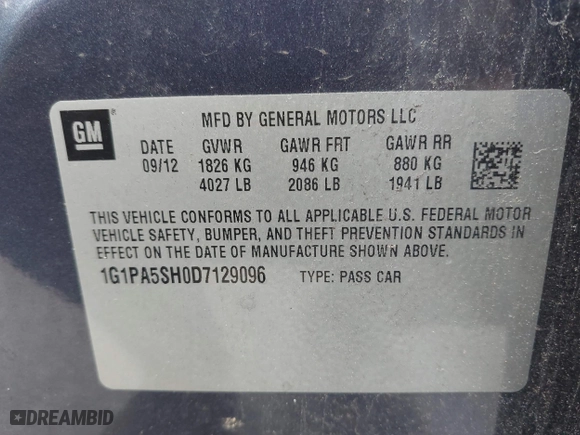 2013 Chevrolet Cruze LS with VIN 1G1PA5SH0D7129096, listed as a IAAI auction lot 41925262 with 94,274 mi miles. Bid and sale history available at carsss.com. Image 9.