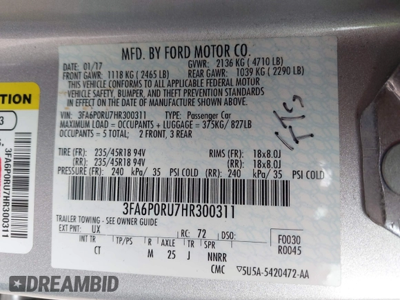 2017 Ford Fusion Hybrid Titanium z VIN 3FA6P0RU7HR300311, wystawiony jako IAAI lot #42045664 z przebiegiem 136 231 mil mil oraz . Historia ofert i sprzedaży dostępna na DreamBid. Obrazek 9.