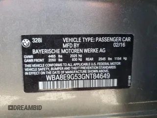 2016 BMW 3 Series 328i with VIN WBA8E9G53GNT84649, listed as a Copart auction lot 55483635 with 54,660 mi miles and Salvage title. Bid and sale history available at DreamBid. Image 12.