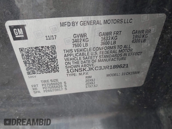 2018 Chevrolet Suburban Premier z VIN 1GNSKJKC3JR189621, wystawiony jako IAAI lot #41925416 z przebiegiem 150 775 mil mil oraz . Historia ofert i sprzedaży dostępna na DreamBid. Obrazek 9.