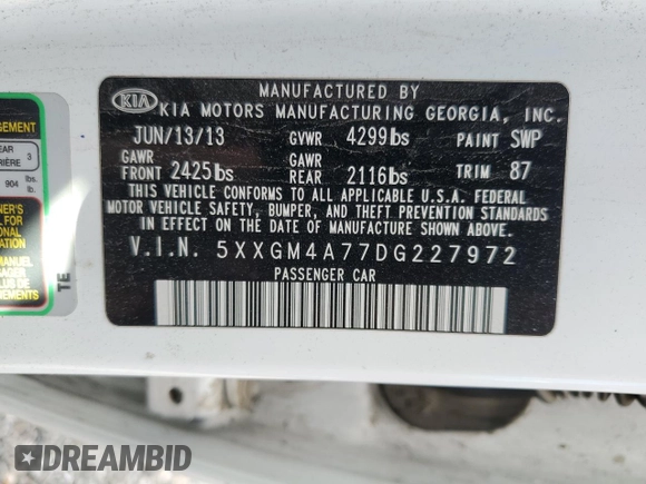 2013 Kia Optima LX with VIN 5XXGM4A77DG227972, listed as a Copart auction lot 51643045 with 138,249 mi miles and Salvage Title. Bid and sale history available at carsss.com. Image 12.