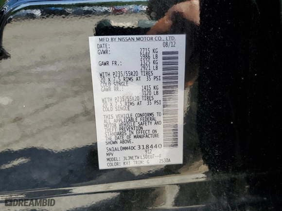 2013 Infiniti JX35 with VIN 5N1AL0MM4DC318440, listed as a Copart auction lot 61278714 with 0 mi miles and Salvage Title. Bid and sale history available at carsss.com. Image 15.