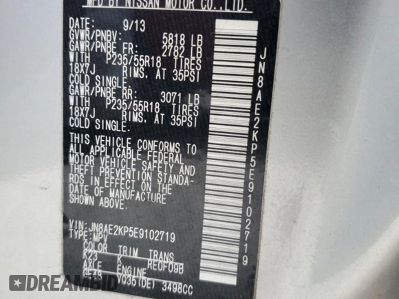 2014 Nissan Quest S z VIN JN8AE2KP5E9102719, wystawiony jako Copart lot #59375775 z przebiegiem 127 220 mil mil oraz Szkoda całkowita • Salvage title. Historia ofert i sprzedaży dostępna na DreamBid. Obrazek 13.