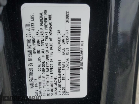 2008 Nissan 350Z Enthusiast with VIN JN1BZ36A98M851091, listed as a Copart auction lot 72007834 with 24,318 mi miles and Salvage Title. Bid and sale history available at DreamBid. Image 13.